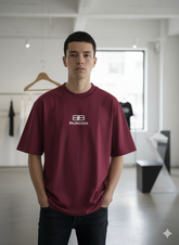 BALNCIG MAROON/BURGUNDY B/B LOGO BLACK PRINTED ROUND NECK OVERSIZED T-SHIRT